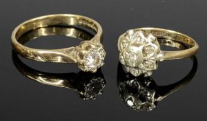 TWO 9CT GOLD DRESS RINGS, diamond solitaire, size P and an illusion set diamond cluster, size O,