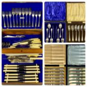 VARIOUS CASED CUTLERY including six silver teaspoons with matching tongs, six silver handled dessert
