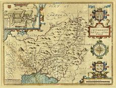 JOHN SPEEDE hand coloured engraved map, Caermarden 1662, with town plan, 39 x 52cms Provenance: