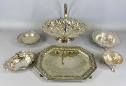 GROUP OF PLATED ITEMS including a large swing handled basket, 34 x 38cms, octagonal tea tray with