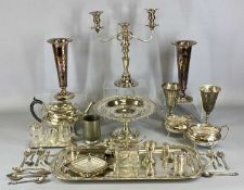 GROUP OF PLATED ITEMS including trumpet shape vases a pair, 26cms (h), panelled three-piece tea