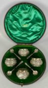 VICTORIAN CASED SET OF FOUR CIRCULAR OPEN SALTS with floral repousse decoration, London 1894/1895,