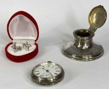 GEORGE V SILVER CAPSTAN INKWELL with hinged cover, London 1920, 7.5cms (diam.), a silver cased key