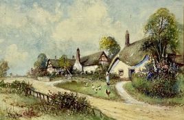 JOSEPH HUGHES CLAYTON (British 1870 - 1930) watercolour - thatched cottages, figure and chickens