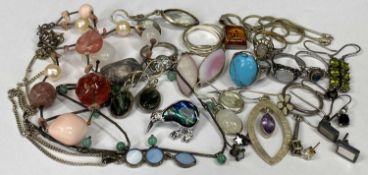 COLLECTION OF SILVER/WHITE METAL JEWELLERY including stone set rings, earrings, pendants, chains