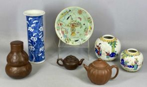 COLLECTION OF CHINESE PORCELAIN & POTTERY including sleeve vase, two polychrome jars, Yixing teapots