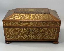 REGENCY ROSEWOOD & CUT BRASS INLAID SARCOPHOGUS FORM WORKBOX on bun feet, hinged cover enclosing