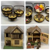 VINTAGE PAINTED WOODEN DOLLS HOUSE with opening front, containing furniture, 41cms (h) and three