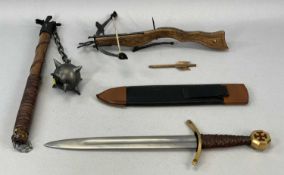 MEDIEVAL STYLE WEAPONRY, a mace with leatherbound wooden handle, 62cms (l), short sword with 29cm