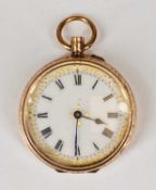 9CT GOLD FOB WATCH, the back with scroll engraved decoration, white enamel dial with decorative