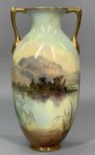 ROYAL DOULTON PORCELAIN TWO-HANDLED VASE, painted with a view of Kilchurn Castle, signed J. H.