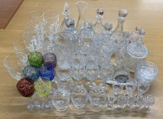 LARGE COLLECTION OF GLASSWARE including cut glass decanters, set of six hock glasses with coloured
