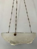 VINTAGE CIRCULAR OPALESCENT GLASS HANGING LIGHT SHADE, moulded with roses and leaves, 34cms (