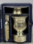 SILVER TRAVELLING COMMUNION SET, Victorian and later, three pieces, comprising chalice/pyx and
