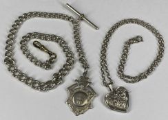 SILVER GRADUATED ALBERT CHAIN with T-bar and medallion fob, 40cms (l), 57gms and a silver heart
