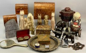 GROUP OF COLLECTABLES, various boxes including three burwood dome top examples, carved ebony