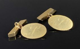 9CT GOLD OVAL & BAR CUFFLINKS A PAIR, monogrammed, 4.5gms Provenance: private collection Conwy