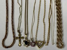EIGHT VARIOUS YELLOW METAL NECKLACES/CHAINS, three with stone set pendants Provenance: private