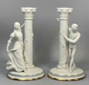 FRANKLIN MINT FINE PORCELAIN CANDLESTICKS A PAIR, 'Romeo and Juliet', 25cms (h) with certificate