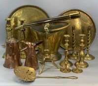 GROUP OF BRASS & COPPER WARE including four pairs of brass candlesticks, 36cms (h) the tallest,