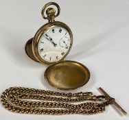 GOLD PLATED FULL HUNTER POCKET WATCH, keyless, white enamel dial with black Roman numerals and