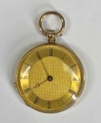 GOLD FOB WATCH, the back with engine turned decoration, gold coloured dial with black Roman