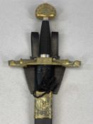 MEDIEVAL STYLE SPANISH BROAD SWORD, 83cm (l) double edged blade, decorative brass cross guard and