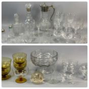 VARIOUS GLASSWARE including a circular cut glass decanter and stopper with silver collar, 30cms (h),