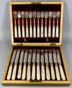 VICTORIAN MAHOGANY CASED SET OF TWELVE SILVER & MOTHER OF PEARL DESSERT KNIVES & FORKS, Sheffield
