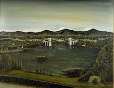 IDRIS PHYLIP JONES (Welsh b.1905) oil on board - Pont Fenai - The Menai Suspension Bridge, titled