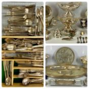 LARGE QUANTITY OF PLATED ITEMS including oval galleried tea tray, rose bowl with lion mask ring