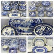 LARGE COLLECTION OF 19TH CENTURY STAFFORDSHIRE BLUE & WHITE TRANSFER WARE including platters, meat