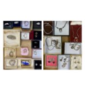 COLLECTION OF VINTAGE SILVER JEWELLERY comprising seven rings, brooches, pendant chains, earrings