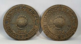 TWO BABCOCK & WILCOX LIMITED LONDON & GLASGOW CIRCULAR CAST IRON BOILER PLATES with 'Steam'
