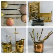 LARGE GROUP OF 'FIRESIDE' METALWARE, brass and copper including warming pans, coal scuttle,