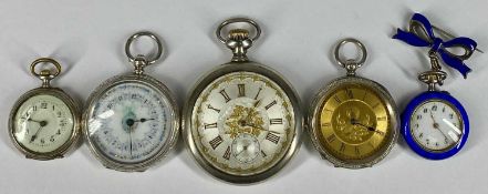 SILVER/WHITE METAL FOB WATCHES (3), pocket watch, keyless with decorated dial and a blue enamelled