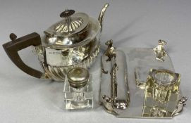 SILVER PLATED ITEMS comprising oval ink stand with bead rim and glass inkwell, 21.5 x 11cms,