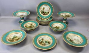 19TH CENTURY ENGLISH PORCELAIN DESSERT SERVICE, each piece with a green and gilded border and