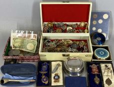 COLLECTION OF COSTUME JEWELLERY & OTHER COLLECTABLES including circular silver ring box, British