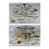 LARGE GROUP OF PLATED ITEMS including EPBM tea service, wine coasters, sugar caster, candlesticks,