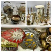 GROUP OF METALWARE including a white enamel Salter family scale no.48c, two circular copper kettles,