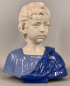 MANNER OF CANTAGALLI ceramic head and shoulder bust of a young boy wearing blue top, 30cms (h)