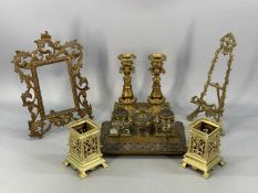 ROCOCO STYLE BRASSWARE FRAMES and other fancy brassware including pair of candlesticks, ink stand