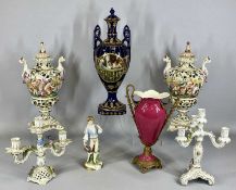 GROUP OF MIXED CERAMICS including ornate Capo di Monte lidded two-handled vases a pair, 41cms (h),