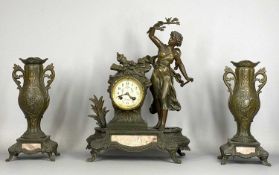 FRENCH BRONZED SPELTER CLOCK GARNITURE SET with pink marble panels, dial painted with flowers and