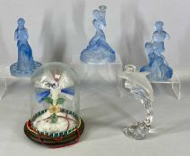 MIXED DECORATIVE GLASSWARE including three Walther type blue glass figural centrepieces, 21cms (