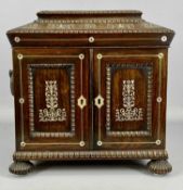 REGENCY ROSEWOOD & MOTHER OF PEARL INSET TABLE CABINET, hinged pagoda top opening to reveal fitted