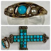 VICTORIAN YELLOW METAL RING set with turquoise seed pearl and marcasite, size R and a yellow metal