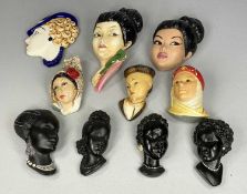 GROUP OF ART DECO STYLE WALL MASKS including Moorland Pottery elegant lady in blue hat, 18cms (h),