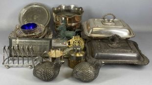 GROUP OF PLATED ITEMS including an Oomersee type quail form jug and bowl with gilt interiors, entree
